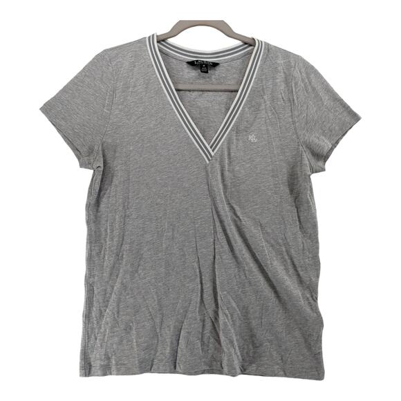 Lauren Ralph Lauren V Neck TShirt M Gray Striped Short Sleeve Everyday Wear Work - Picture 1 of 9